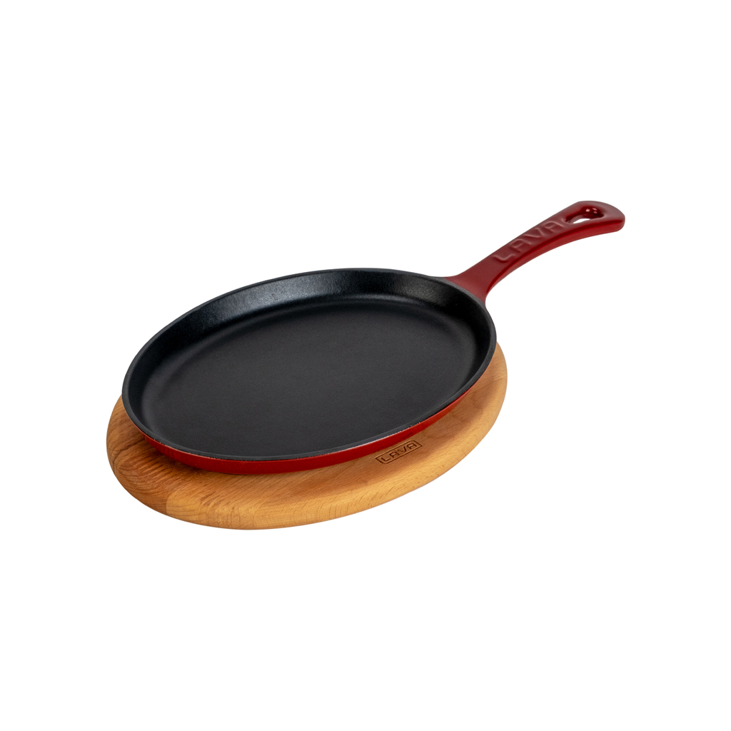 Lava Cast Iron Oval Fajita Plate with Solid One-Piece Handle & Beechwood Serving Board – 17x23 cm